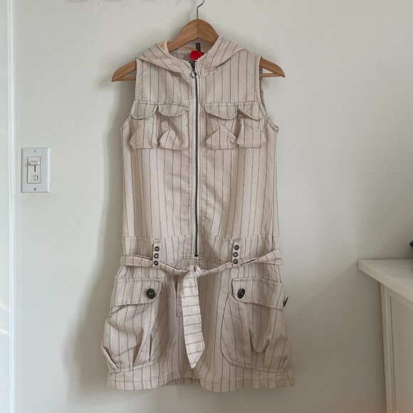 Vintage Y2k Cargo Hooded Zip Up Drop Waist Pocket Dress - Picture 1 of 8